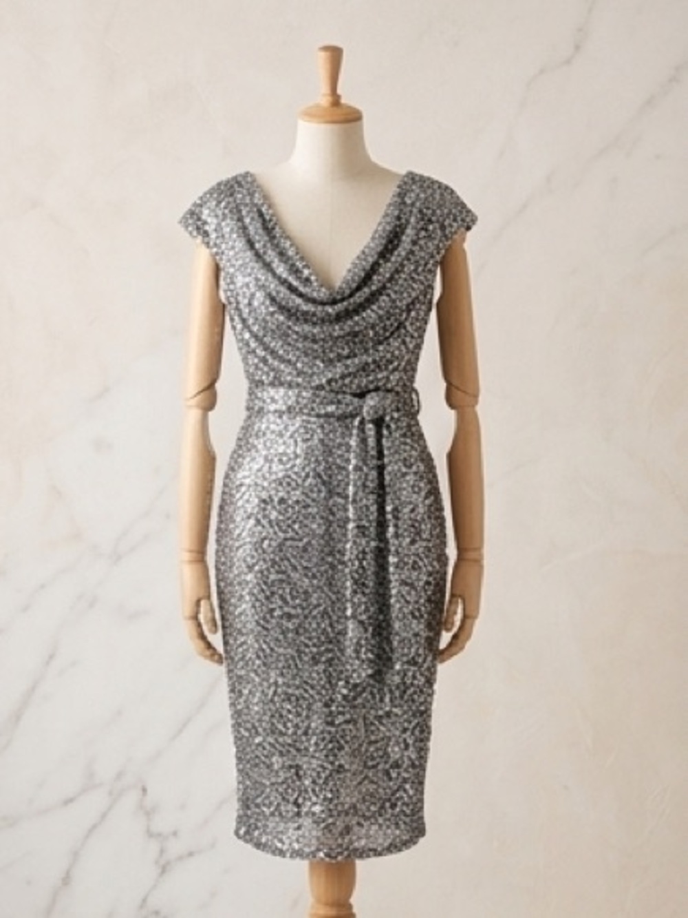 New Boohoo Silver Sequin Belted Midi Dress | Cowl Neck Party Dress | Size 12